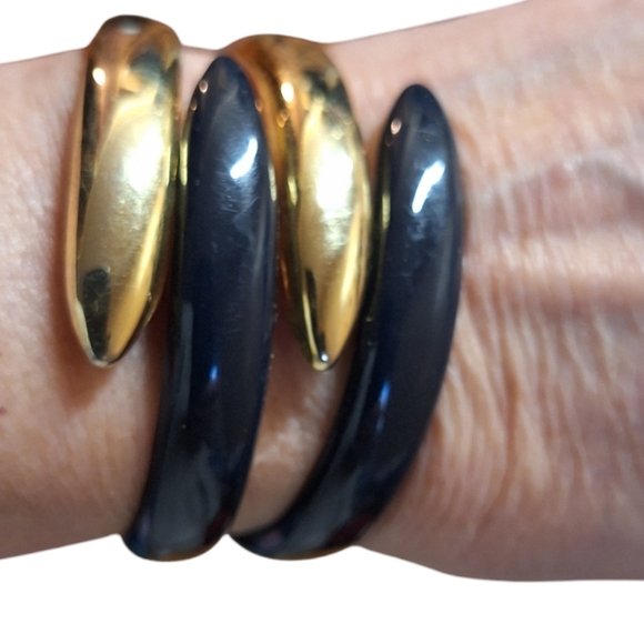 Navy Blue & Gold Toned Hinged Clamp Claw Style Bracelet Fits Small Wrists - Picture 1 of 7